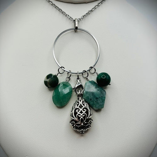 Tree Agate, Green Aventurine, Green Jasper & Green Lepidolite Aromatherapy Necklace