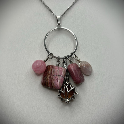 Pink Jade, Crazy Lace Agate, Rhodonite & Morganite Aromatherapy Necklace