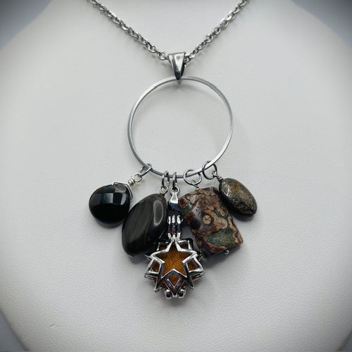 Bronzite, Leopardskin Jasper, Wood Agate & Smoky Quartz Aromatherapy Necklace