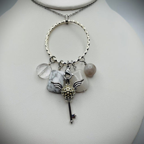 Crystal Quartz, White Howlite, White Jade & Crazy Lace Agate Aromatherapy Necklace
