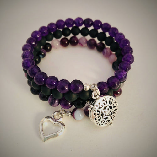 Purple Striped Agate, Black Agate & Purple Jade Aromatherapy Bracelet