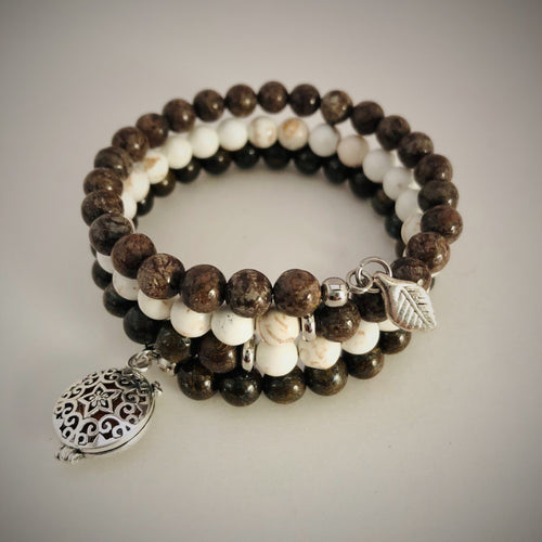Bronzite, Howlite & Brown Snowflake Obsidian Aromatherapy Bracelet