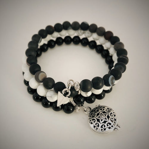 Black Striped Agate, White Howlite & Obsidian Aromatherapy Bracelet
