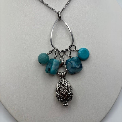 Aqua Agate, Hemimorphite,  Crazy Lace Agate & Turquoise Aromatherapy Necklace