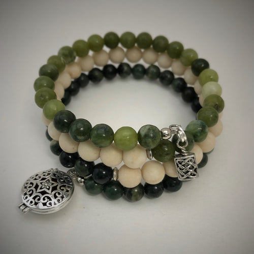 Chinese Jade, Fossil Stone & Green Wood Lace Jasper Aromatherapy Bracelet