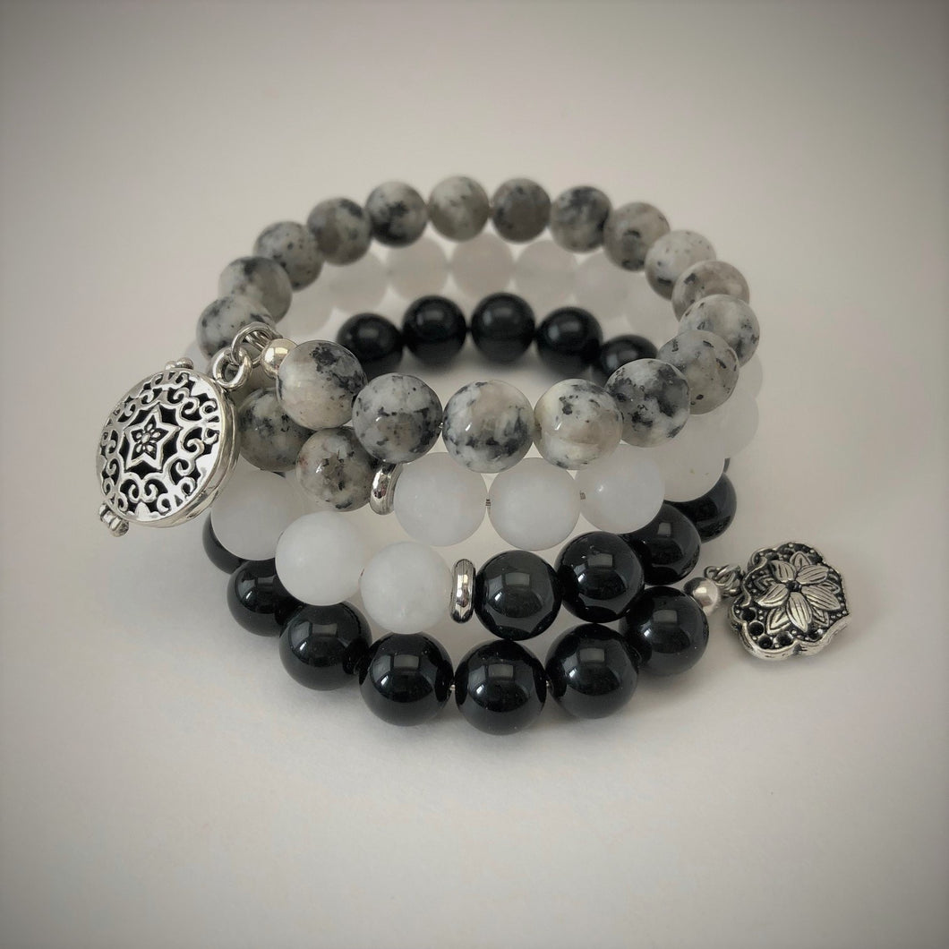 Obsidian, White Jade & Sesame Jasper Aromatherapy Bracelet