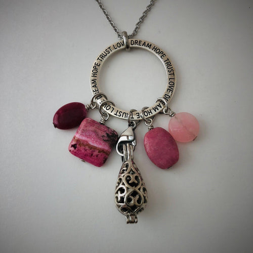 Pink Jade, Crazy Lace Agate, Rhodonite & Cherry Quartz Aromatherapy Necklace